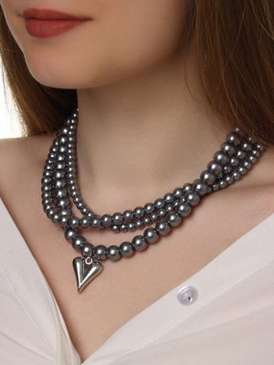 Колье «Акцент» сердце, под гематит, многослойное, серое в серебре