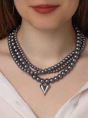 Колье «Акцент» сердце, под гематит, многослойное, серое в серебре