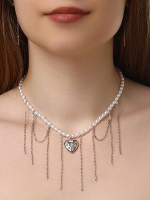 Колье «Акцент» сердце со стразами, многослойное, белое в серебре