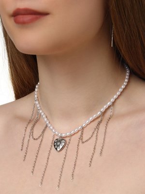 Колье «Акцент» сердце со стразами, многослойное, белое в серебре