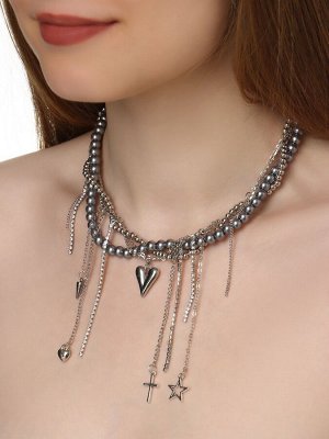 Колье «Акцент» сердце и крест, многослойное, серое в серебре