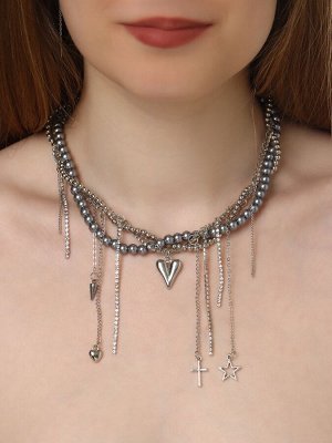 Колье «Акцент» сердце и крест, многослойное, серое в серебре