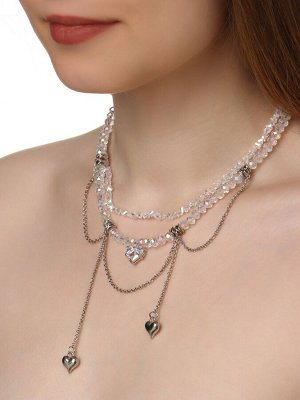 Колье «Акцент» сердце, двойное, белое в серебре