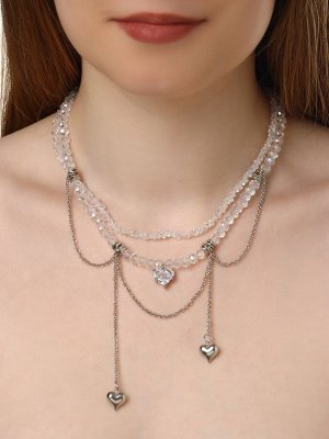 Колье «Акцент» сердце, двойное, белое в серебре