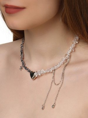 Колье «Акцент» сердце и звезда, многослойное, бело-серое в серебре