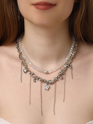 Колье «Акцент» сердце и луна, двойное, бело-серое в серебре