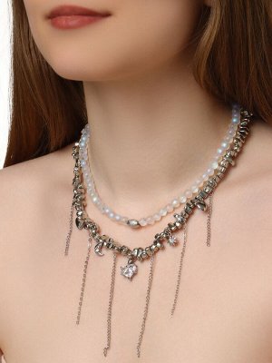 Колье «Акцент» сердце и луна, двойное, бело-серое в серебре