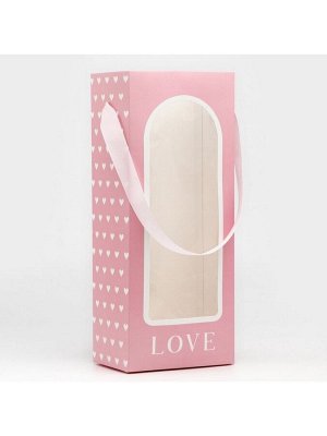 Пакет-переноска для цветов с пластиковым окном, Love, розовая, 30 х 12 х 8 см