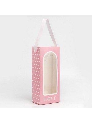 Пакет-переноска для цветов с пластиковым окном, Love, розовая, 30 х 12 х 8 см