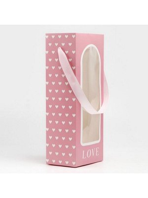 Пакет-переноска для цветов с пластиковым окном, Love, розовая, 30 х 12 х 8 см