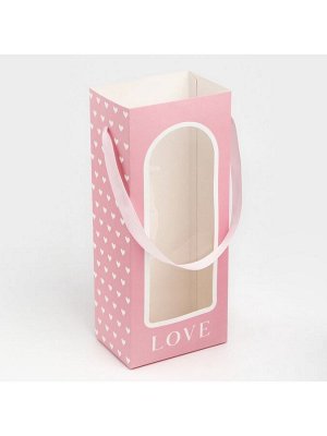 Пакет-переноска для цветов с пластиковым окном, Love, розовая, 30 х 12 х 8 см