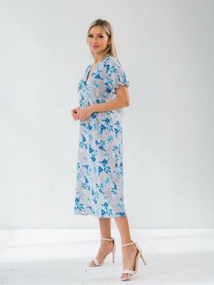 Платье Легкое и воздушное платье из легкой ткани Ниагара. Расцветка голубые цветы на сером.  V - образная горловина на внутренней обтачке. Короткий втачной рукав - фонарик 24 см. Низ прямой. Без подкл