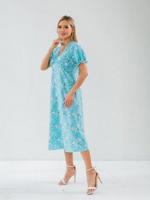 Платье Легкое и воздушное платье из легкой ткани Ниагара. Расцветка цветы на голубом.  V - образная горловина на внутренней обтачке. Короткий втачной рукав - фонарик 24 см. Низ прямой. Без подклада. П
