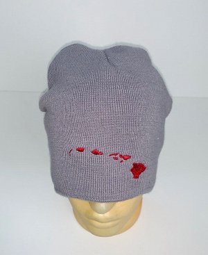Шапка Серая шапка с красной вышивкой  №157