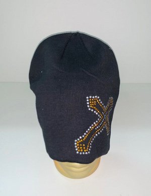 Шапка Темная шапка с крестом из пайеток  №1647