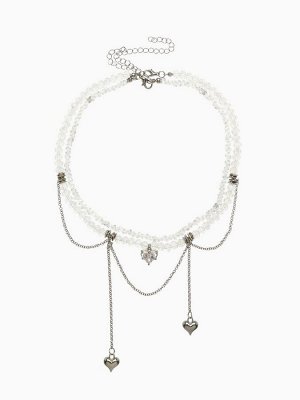 Колье «Акцент» сердце, двойное, белое в серебре