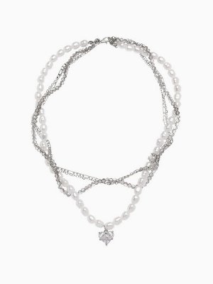 Колье «Акцент» сердце, многослойное, бело-серое в серебре