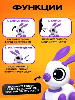 Робот кролик «Питомец» IQ BOT, интерактивный: с записью звуков, реагирует на хлопки, звук, свет, на батарейках, розовый