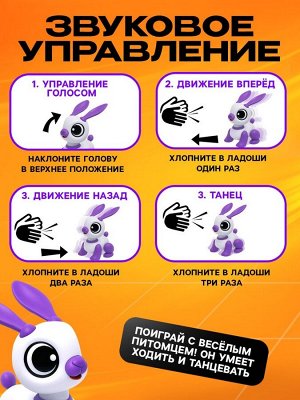 Робот кролик «Питомец» IQ BOT, интерактивный: с записью звуков, реагирует на хлопки, звук, свет, на батарейках, розовый