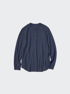 UNIQLO - вафельная кофта унисекс с пуговицами на вырезе - 65 BLUE