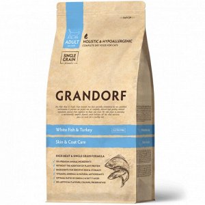 Grandorf для кошек Sensitive для кожи шерсти Белая рыба Индейка 400гр