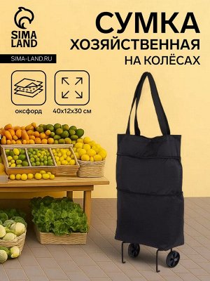Сумка хозяйственная складная на 2х колёсах, на кнопке, цвет чёрный