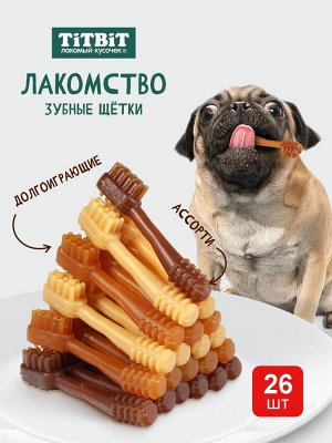 Titbit Лакомство для собак Dental+ Зубная щетка с мясом Ассорти для мелких средних пород  350гр