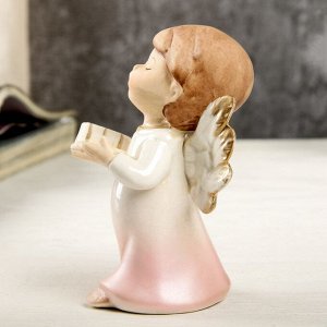 Сувенир керамика "Ангел-малыш в перламутро-розовом платье с книгой" 9,7х6х6,7 см