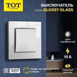 Выключатель проходной TOT Glossy Glass, 10 А, 1 клавиша, скрытый монтаж, стеклянная рамка, серебристый
