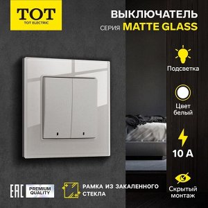 Выключатель TOT Matte Glass, 10 А, 2 клавиши, с подсветкой, скрытый монтаж, стеклянная рамка, белый