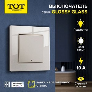 Выключатель TOT Glossy Glass, 10 А, 1 клавиша, с подсветкой, скрытый монтаж, стеклянная рамка, белый