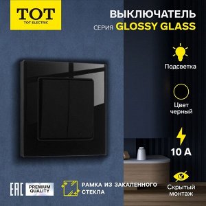 Выключатель TOT Glossy Glass, 10 А, 2 клавиши, с подсветкой, скрытый монтаж, стеклянная рамка, чёрный