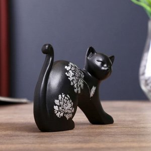 Сувенир полистоун "Чёрная кошка" серебряный цветок 8,5х12х3,5 см