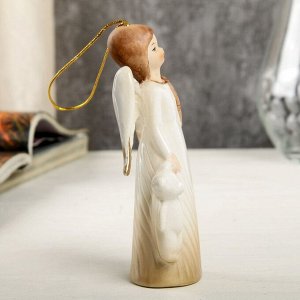 Сувенир керамика подвеска "Девочка-ангел в платье-волна с мишкой в руке" 12.4х3.8х6.8 см