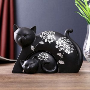 Сувенир полистоун "Чёрная кошка с котёнком" серебряный цветок (набор 2 шт) 13х19,5х7,5 см