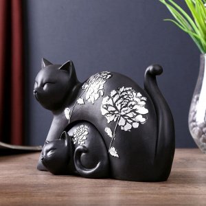 Сувенир полистоун "Чёрная кошка с котёнком" серебряный цветок (набор 2 шт) 13х19,5х7,5 см