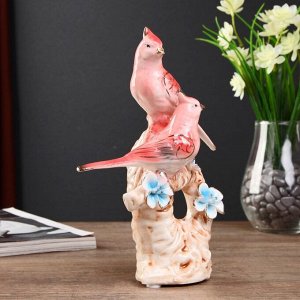 Сувенир керамика "Две птички с хохолками на коряге с цветами" 21,5х14х7,5 см