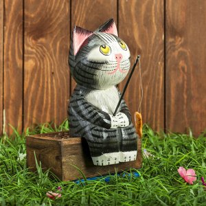 Сувенир «Котёнок рыбак», 9x9x25 см, дерево, серый