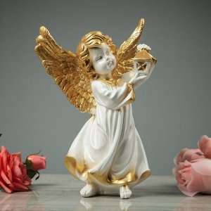 Статуэтка "Ангел с фонарём", бело-золотая, 31 см
