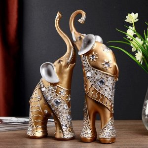 Сувенир полистоун "Золотистые слоны с белыми стразами" набор 2 шт 28,5х21х8,3 см