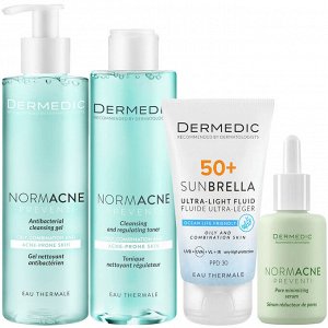 Дермедик Программа Normacne комплексный уход: гель 200 мл + тоник 200 мл + флюид  SPF50+ 40 мл + сыворотка 30 мл (Dermedic, Normacne)