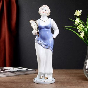Сувенир керамика "Пышечка в бело-голубом платье с пером" 30,5х11,5х8 см