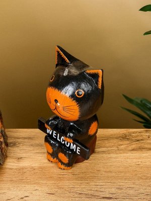 Сувенир «Кот с табличкой WELCOME», 10x7x16 см, дерево, чёрно-рыжий