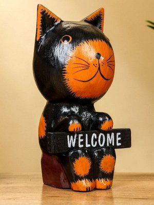 Сувенир «Кот с табличкой WELCOME», 10x7x16 см, дерево, чёрно-рыжий
