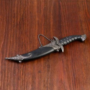 Сувенирный нож изогнутый. 26.5 см. на ножнах длинный завиток. чёрный