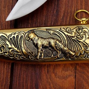 Сувенирный нож, рукоять под золото, расписная объемная, на ножнах пес, 5х30 см