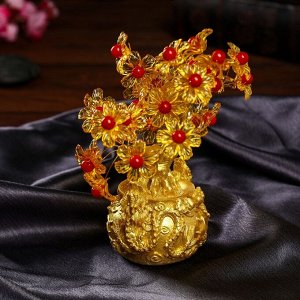 Сувенир бонсай "Цветочное денежное дерево в мешке со львами" 35 цветов 18х18х7,5 см