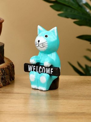 Сувенир «Кот с табличкой WELCOME», 8x4x10 см, дерево, бирюзовый