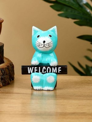 Сувенир «Кот с табличкой WELCOME», 8x4x10 см, дерево, бирюзовый