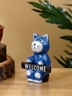 Сувенир «Кот с табличкой WELCOME», 8x4x10 см, дерево, синий